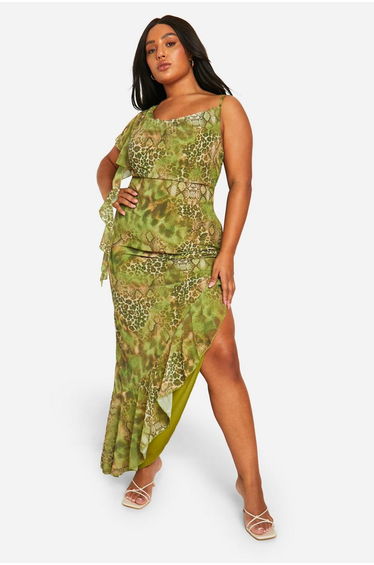 Plus Snake Print Ruffle Maxi Dress