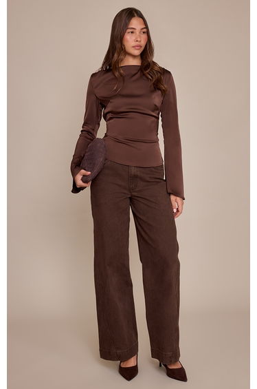 Chocolate Satin Boatneck Long Sleeve Top