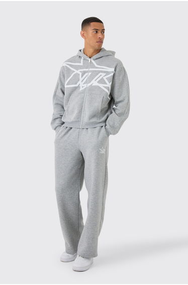 Oversized Boxy Star Printed Zip Through Hooded Tracksuit - grey marl