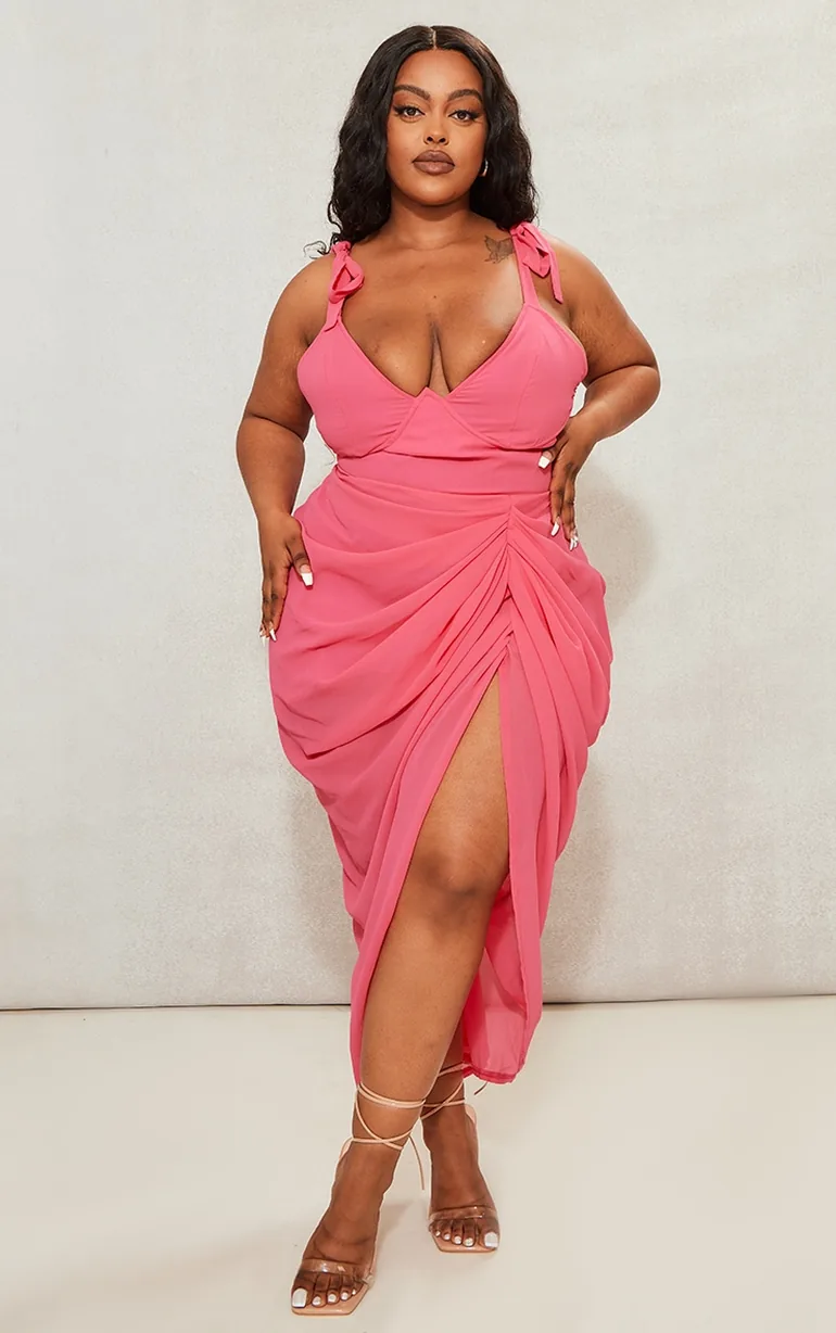 hot pink underwire detail draped midi dress Women's Plus Hot Pink Underwire Detail Draped Midi Dress