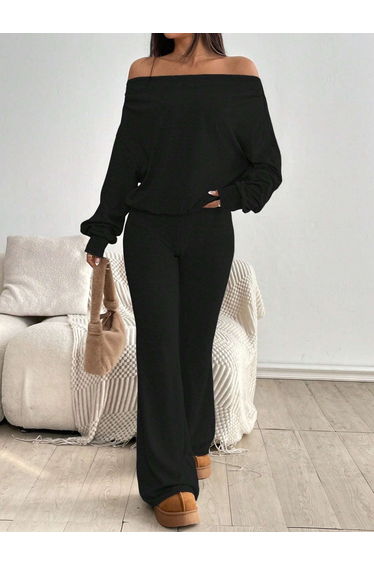 Black Off Shoulder Neck Top and Pants Co-Ords
