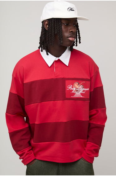 Oversized Boxy Heart Printed Rugby Polo - red