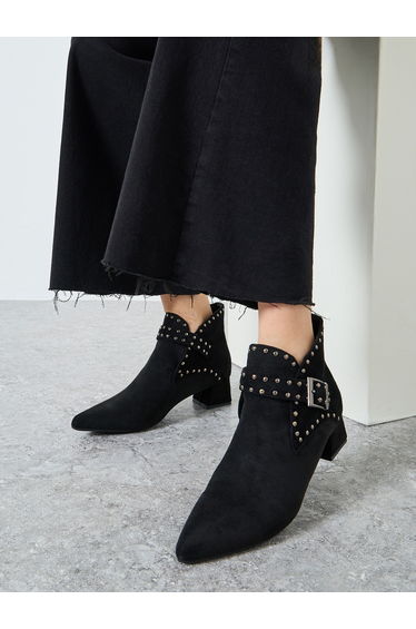 Black Studded Buckle Ankle Boots