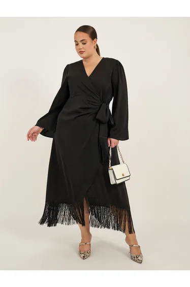 Plus Size Long Sleeves Wrap Maxi Dress with Fringed Hem