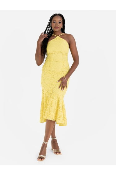 Maya Yellow Halter Neck Lace Midi Dress