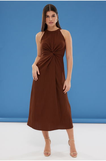 Brown Straight Cut Maxi Woven Dress