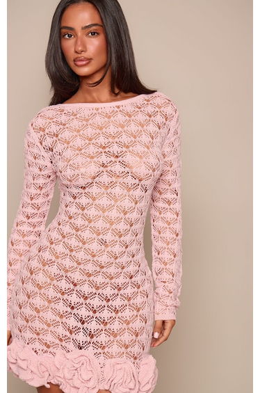 Petite Baby Pink Floral Applique Knitted Crochet Mini Dress