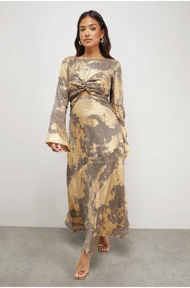Petite Metallic Marble Twist Front Bias Midi Dress