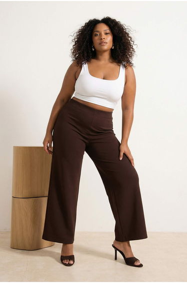 Brown Culotte Fit Cut-Out Detail High Waist Knitted Plus Size Pants