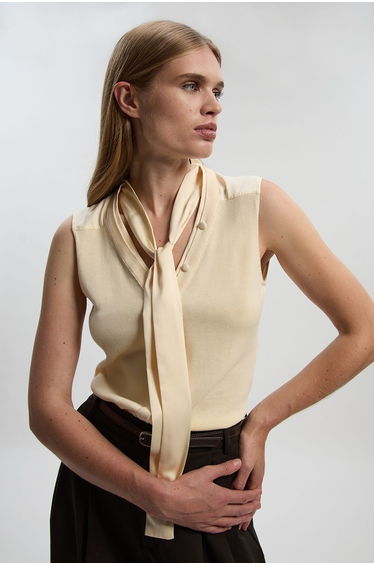 Tie Neck Woven And Knit Mix Top