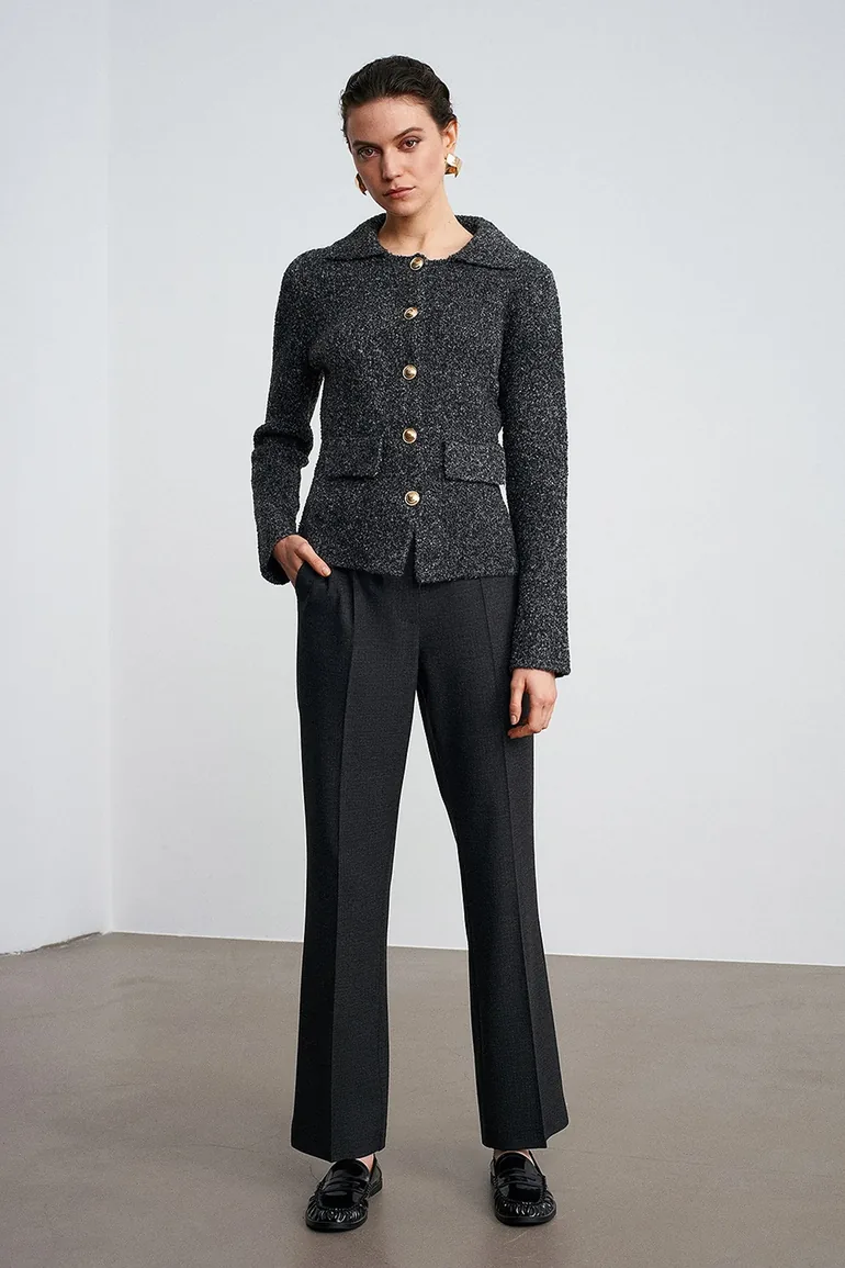 DILVIN Women's Textured Polo Collar Cardigan