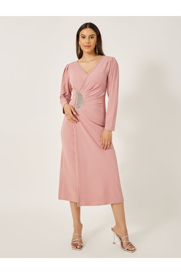 Embellished V-Neck Wrap Midi Dress with Gathered Detail