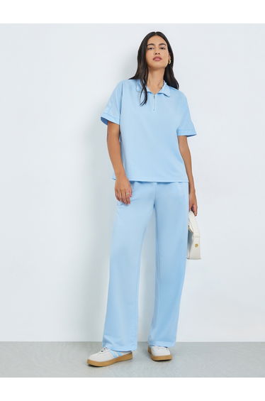 Blue Short Sleeve Polo T-Shirt and Wide Leg Pants Co-Ords