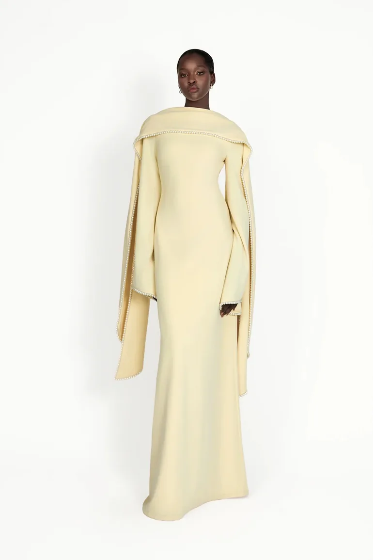 Piroska Yellow Pearl Trim Shawl Detail Maxi Dress Miss Rosier Yellow : Evening Dresses : VogaCloset Iraq Piroska Yellow Pearl Trim Shawl Detail Maxi Dress Miss Rosier Yellow : Evening Dresses : VogaCloset Iraq
