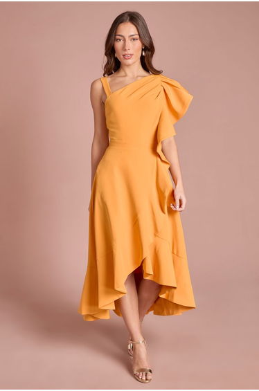 One Shoulder Crepe Ruffle Midi Dress
