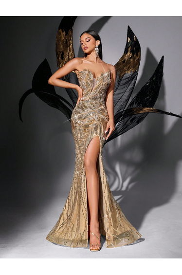 LUVISTRUE Gorgeous Sequins Upscale Evening Gown Beads Party Formal Dress