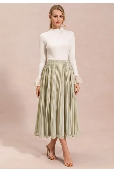 Chiffon Inserted Hem Accordion Pleated Skirt in Lime for Office Days & Business Lunches