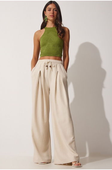 Women's Cream Raw Linen Loose Palazzo Pants