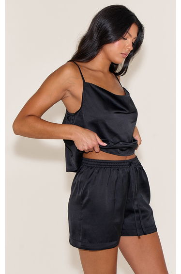 Black Satin Cami Short Pj Set