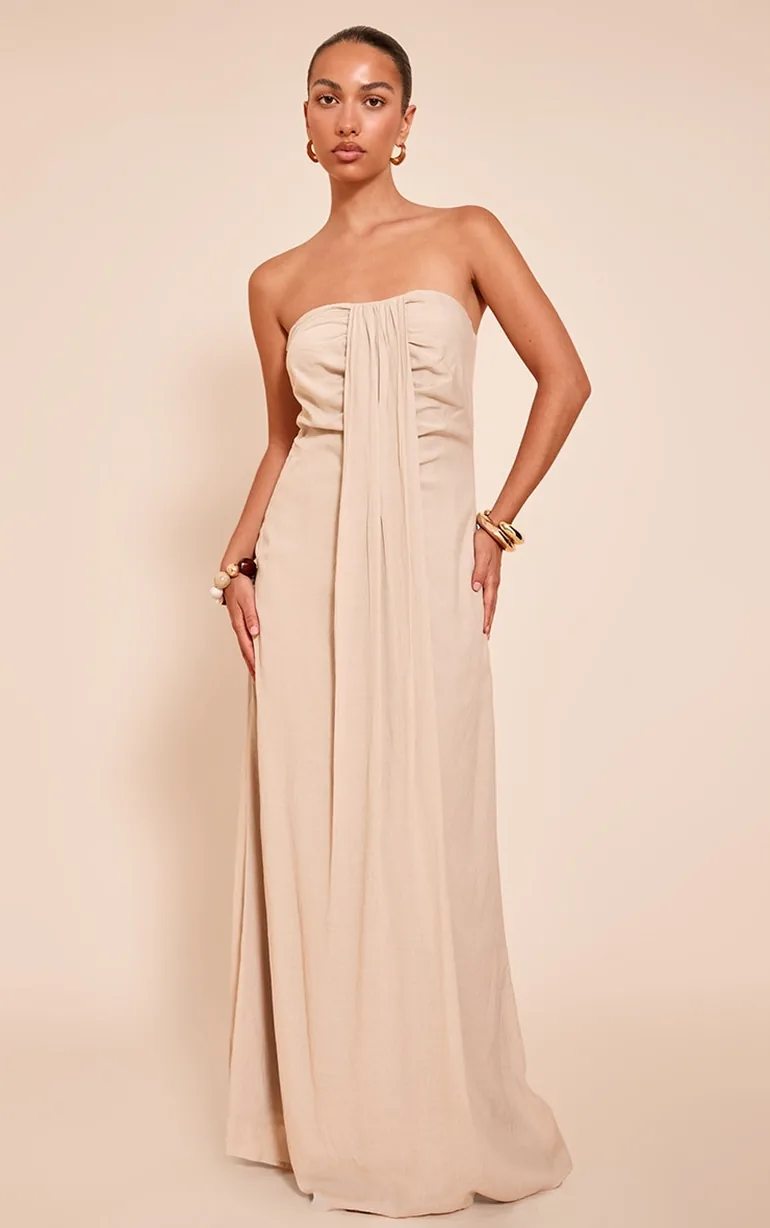 beige drape dress Drape Ruched Halter Maxi Dress Beige L/XL