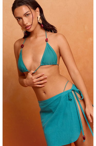 Teal Linen Look Bead Trim Sarong