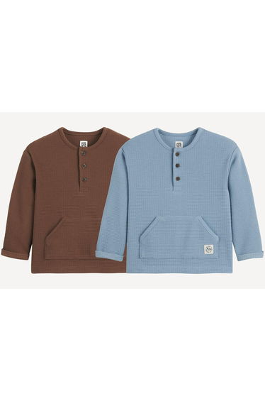 Pack of 2 T-Shirts with Long Sleeves in Cotton Mix Waffle Knit