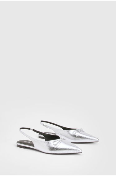 Bow Detail Pointed Slingback Flats - silver