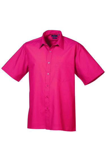 Premier Mens Short Sleeve Formal Poplin Plain Work Shirt - Hot Pink