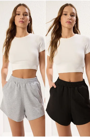 Grey Melange- Black 2-Pack Short Knitted Shorts & Bermuda