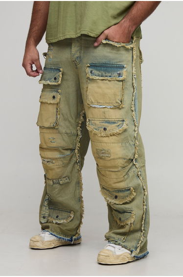 Plus Relaxed Distressed Washed Cargo Jeans - antique wash