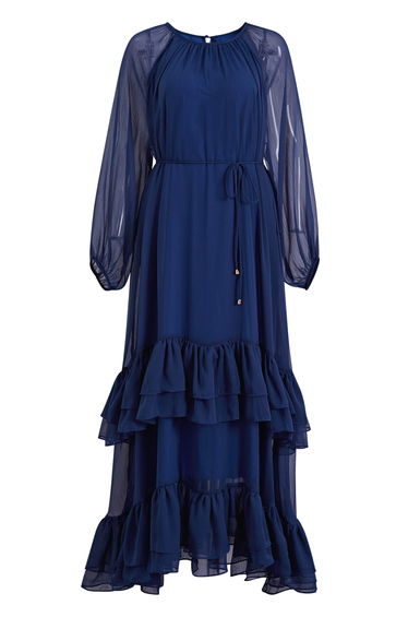 Tiered Ruffle Puff Sleeve Tie-Waist Chiffon Maxi Dress in Navy