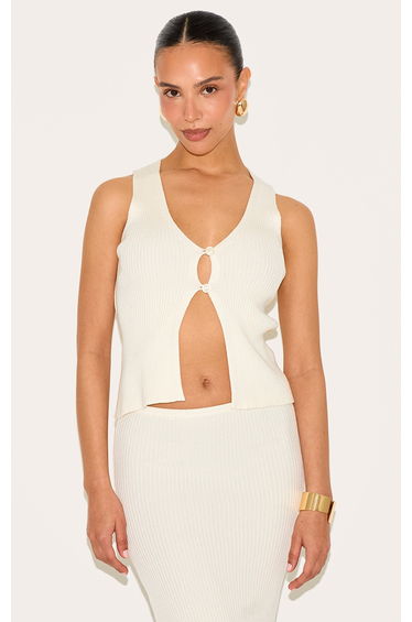 Petite Cream Knitted Open Front Longline Waistcoat