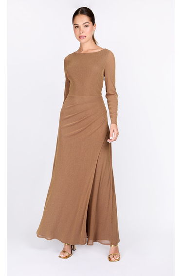 Taupe Lurex Long Sleeve Maxi Dress