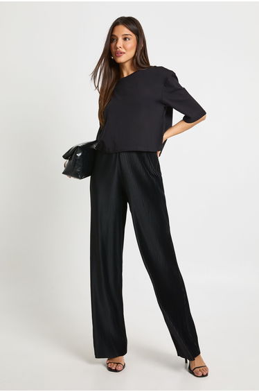Plisse Mid Rise Wide Leg Trouser - black