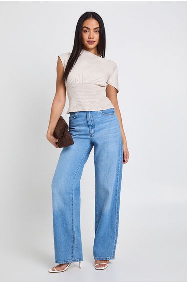 Asymmetric Shirred Top - stone