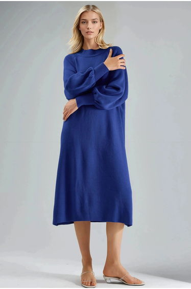 MY FASHION Long Loose Fit Ribbed Knit Dress with Crew Neck