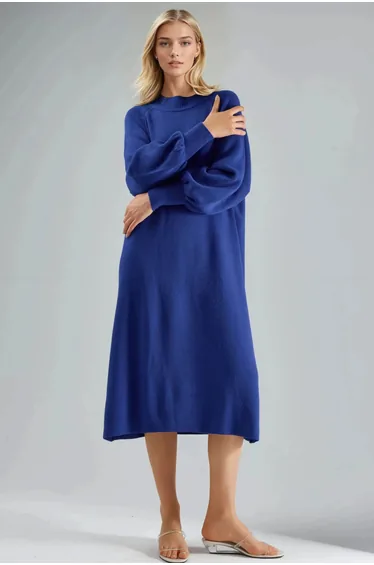 MY FASHION Long Loose Fit Ribbed Knit Dress with Crew Neck