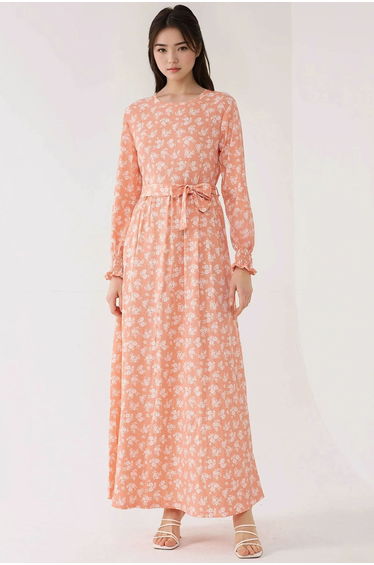Floral Print Long Sleeve Maxi Dress with Belt