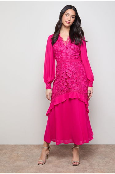 Lace Puff Sleeve V Neck Midaxi Dress