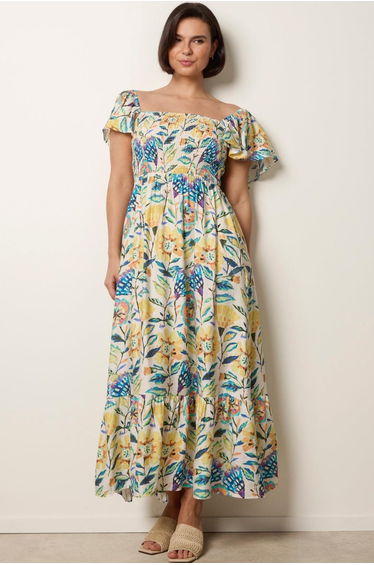 Frill Sleeveless Tropical Floral Print Dress