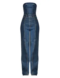 Tall Indigo Vintage Wash Bandeau Straight Leg Denim Jumpsuit - 1