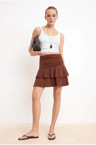 Brown Skater Gathered Regular Waist Stretchy Knitted Skirt