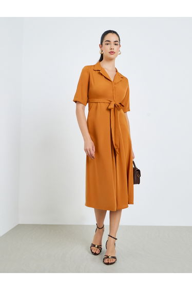 Women Orange Solid Midi Blazer Dress