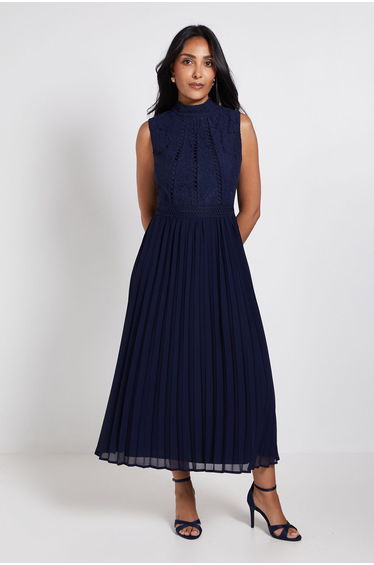 PETITE LACE INSERT PLEATED MIDI DRESS