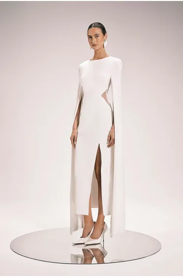 Tailored Compact Stretch Viscose Cape Mesh Panel Midi Dress