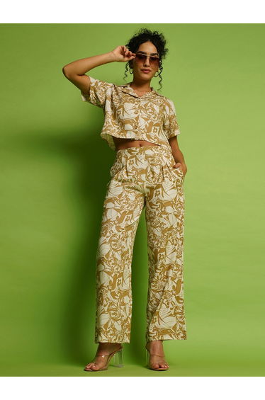 Women Abstract Printed Crop Shirt and Trousers Co-Ords