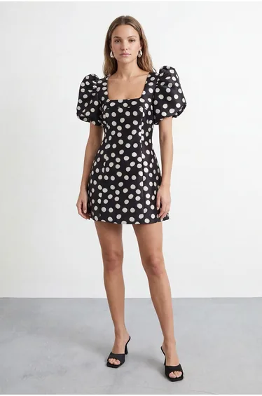 Petite Polkadot Puff Sleeve A-Line Mini Dress