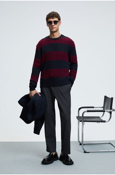 GRIMELANGE BRAID Men's Round Neck Hair Braid Pattern Regular Fit Burgundy - Navy Sweater