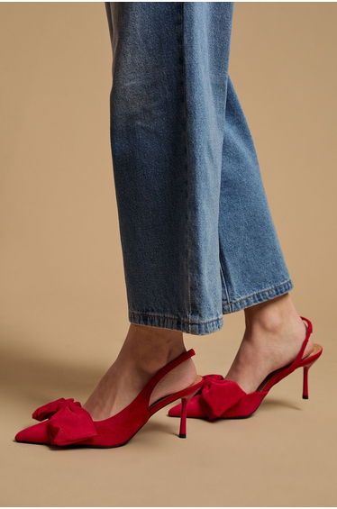 Rose Faux Suede Bow Detail High Stillo Heeled Slingback Court Shoes