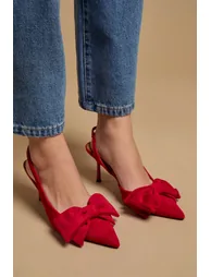 Rose Faux Suede Bow Detail High Stillo Heeled Slingback Court Shoes - 2